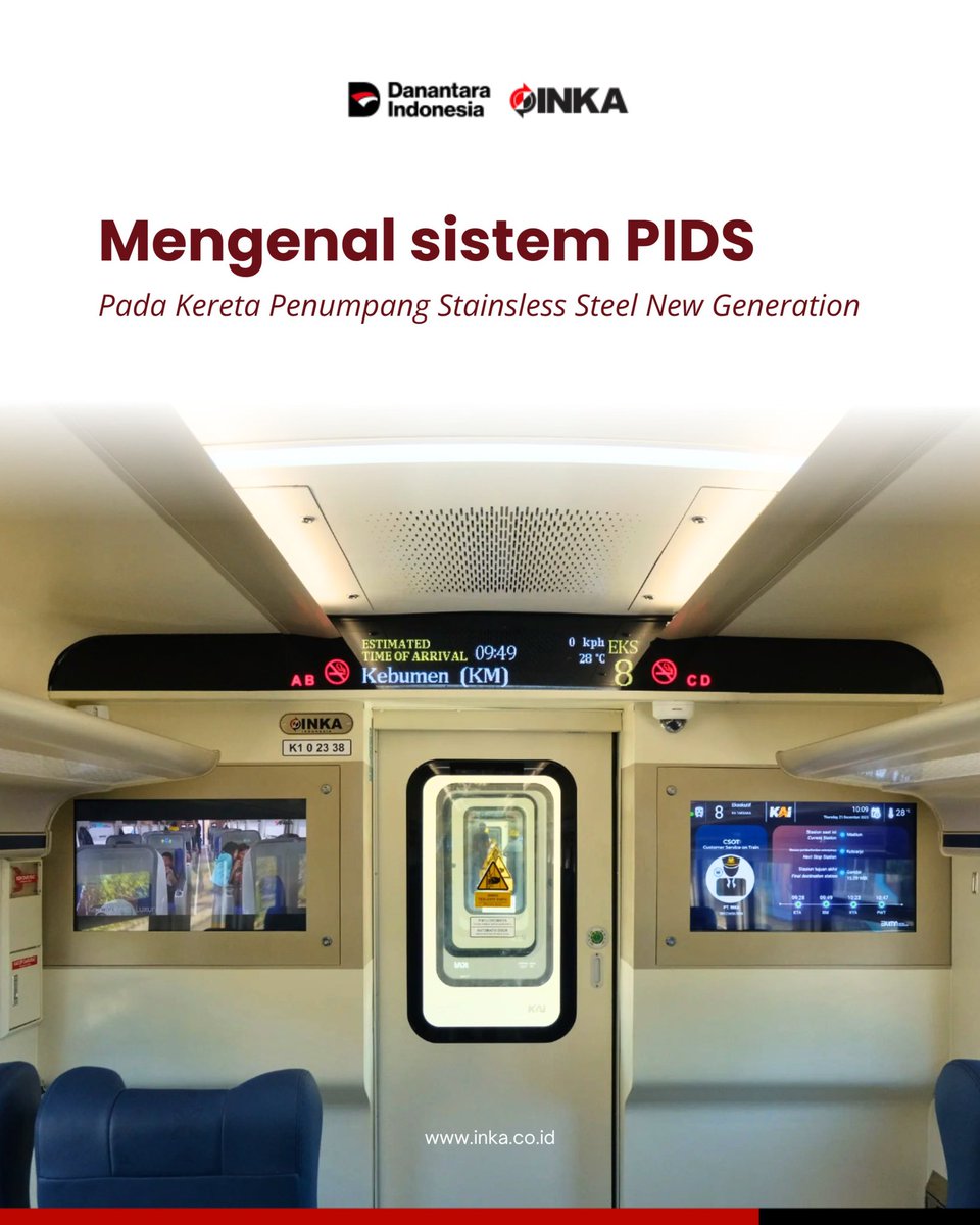 pt_inka's tweet photo. Passenger Information Display System (PIDS) menyajikan antarmuka informasi kepada penumpang yang mencakup informasi nama kereta dan nomor kereta, informasi stasiun, informasi kru, hiburan visual, sistem CCTV, serta pengumuman audio.
#ptinka #committedtoexcellence #PIDS https://t.co/WxStIJum3J
