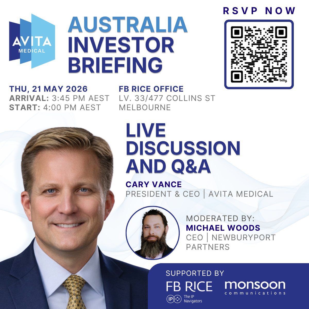 MonsoonComms's tweet photo. Next Thu 21 May at @FB_Rice Melbourne — @AVITAMedical (ASX: $AVH | NASDAQ: $RCEL): RECELL GO approved in Australia &amp; NZ, 10-yr U.S. government BARDA deal signed, growing clinical evidence behind RECELL and Cohealyx. CEO Cary Vance on what's next.

RSVP ⬇️ https://t.co/p3MCRE8M0k https://t.co/t0IPQReucf
