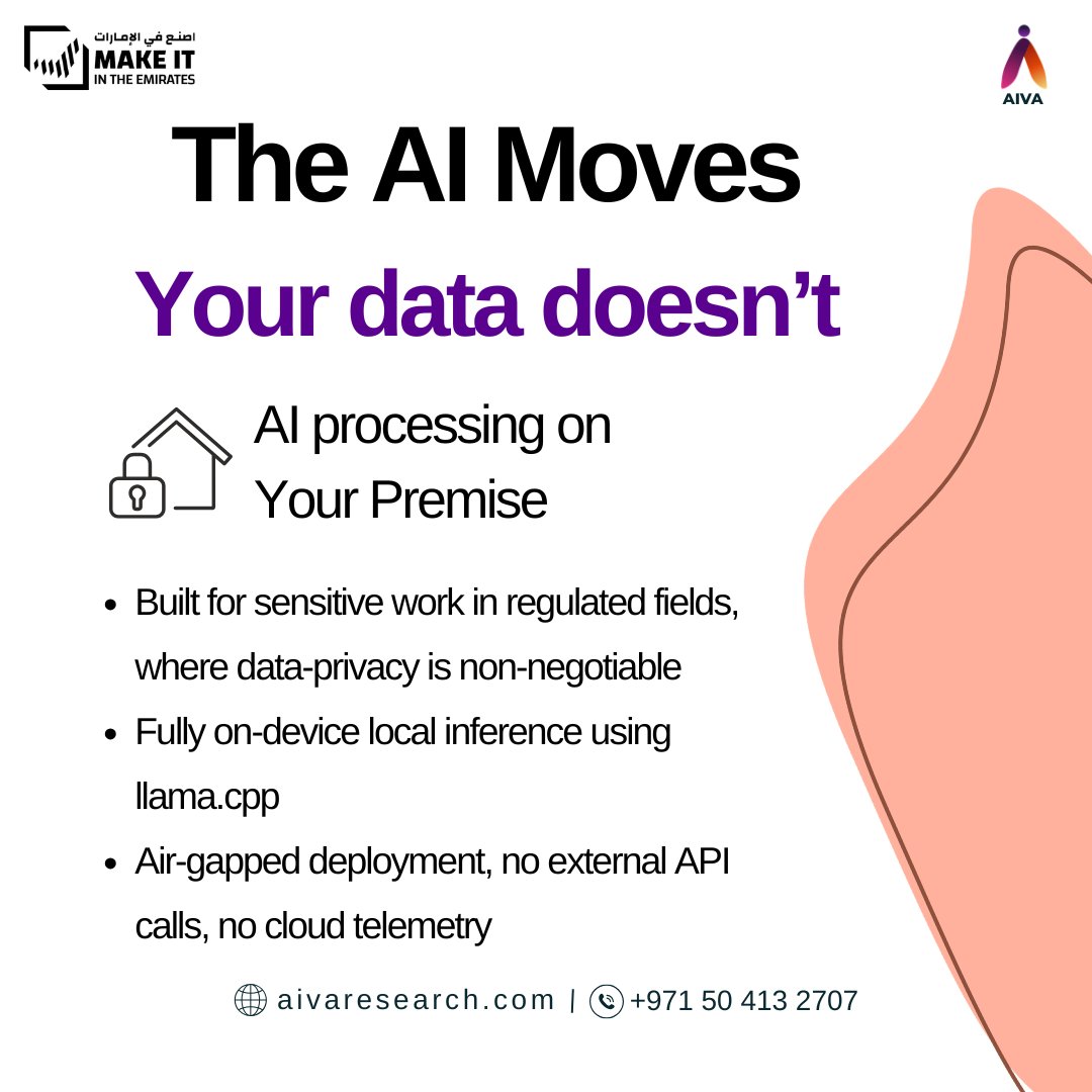 aivaresearch's tweet photo. AI tools think your data is part of the deal.

Aiva doesn't.

We give your enterprise full ownership of your data.

Built in the UAE, aligned with NESA, UAE AI Strategy 2031, and DIFC/ADGM.

This is Private AI.
#dataprivacy #aiva #enterpriseai #mavenintel https://t.co/8NXSxaozF8