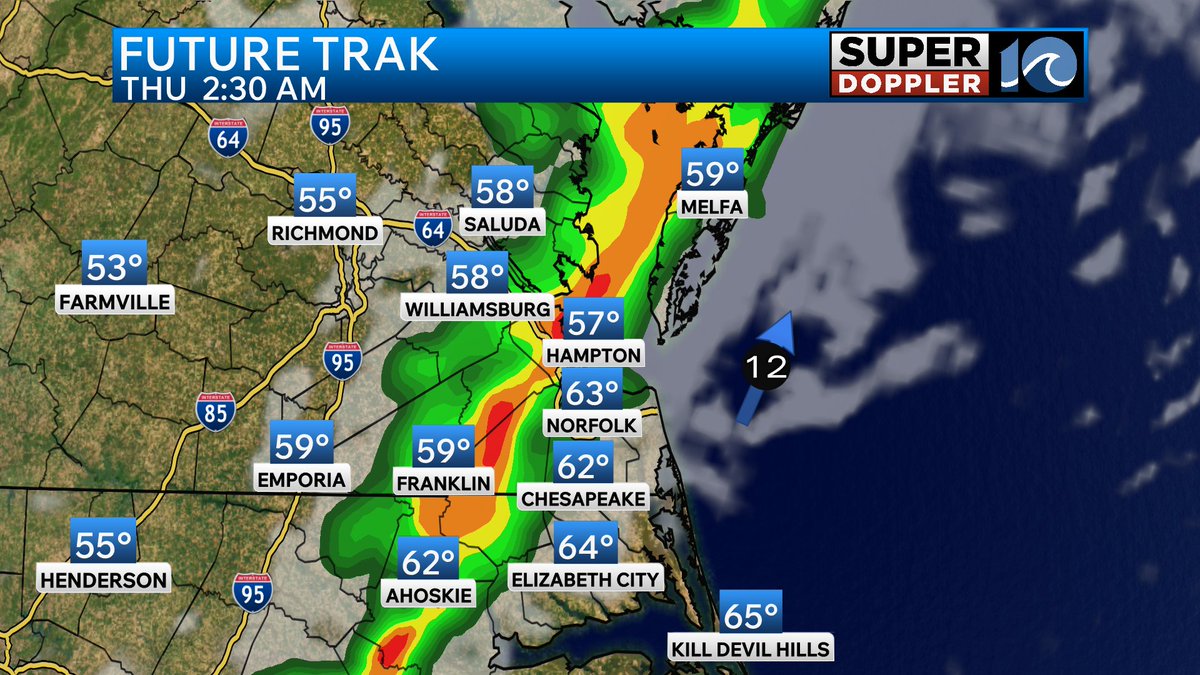 brianmichiganwx's tweet photo. Keeping an eye on the chance for heavy rainfall Wednesday night into early Thursday. This will be as a fast moving cold front moves through Hampton Roads. Areas that see heavy downpours may see a quarter to a half inch of rain. Stay tuned as timing of this line is likely to change.