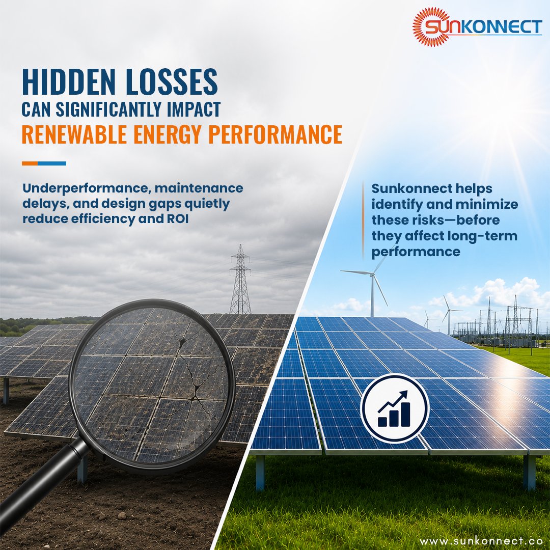 Sunkonnect_'s tweet photo. Hidden losses in renewable projects often appear later—through lower efficiency, reduced generation &amp; weaker ROI.
#Sunkonnect enables data-driven performance analysis to identify &amp; reduce these risks early.
🌐 https://t.co/yRKaAhXBAU
#RenewableEnergy #SolarPerformance https://t.co/HOSffYoFPb