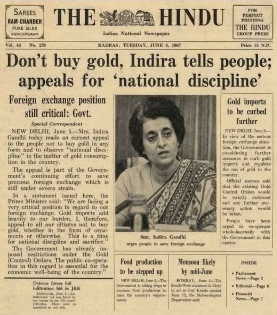 SsubmitS29798's tweet photo. History repeats itself.
1967Indira Gandhi asked Indians to stop buying gold.
2026: PM Modi asks people to hold gold purchases for 1 year.
Whenever a government speaks about gold, it signals that the economy is entering a sensitive phase. Wise people always read between the lines. https://t.co/pA99iNmZmO