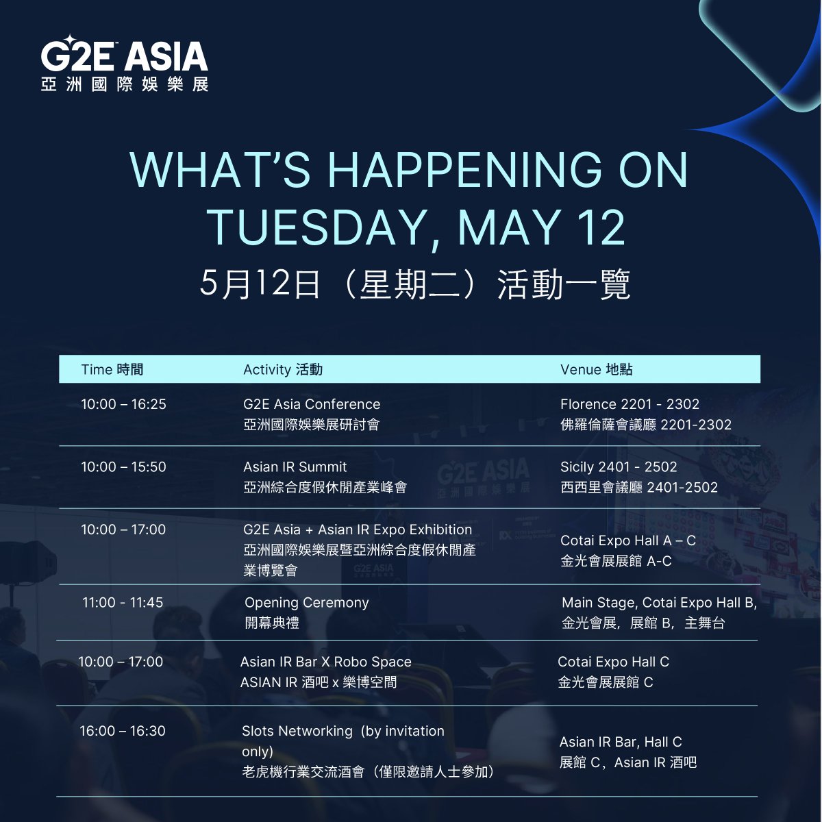 g2easia's tweet photo. #G2EAsia2026 + Asian IR Expo opens today 🎉
Explore 150+ brands, conference sessions, Tech Talk Forum, networking events &amp; the Asian IR Bar x Robo Space experience.
📅 May 12–14📍 The Venetian Macao
👉 Register:
https://t.co/OvAga6niat
🔗 Onsite Events
https://t.co/ZtaxX5fqIn https://t.co/Nxd7zHYpna