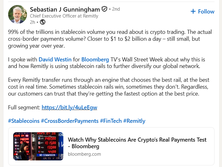 SaveOnSend's tweet photo. This interview was supposed to be a PR campaign, but the new CEO is just too honest to play along. For those who don’t speak corporate English, “sometimes stablecoin rails win” means “they usually do not” in regular English. https://t.co/ALTVcvlVKm
