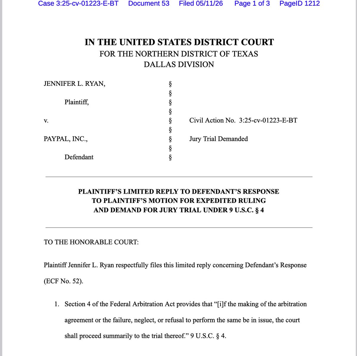 realjennaryan's tweet photo. PayPal just called me a bunch of labels, blamed me for what they did to me said it was "self-inflicted" and acted like they are the victim. So I sent this request for mini JURY TRIAL to decide if the accusations are true. Tomorrow I file again. #pro_se #Litigation IYKYK https://t.co/AQEPBw75ZJ