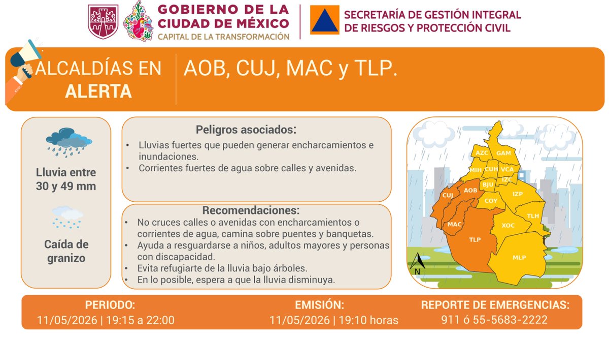 ⚠️ Se activa #AlertaNaranja por intensificación de #lluvias fuertes y posible caída de granizo para la noche del lunes 11/05/2026, en las demarcaciones: <a href="/AlcaldiaAO/">Alcaldía Álvaro Obregón</a>, <a href="/cuajimalpa_gob/">Alcaldía Cuajimalpa</a>, <a href="/ALaMagdalenaC/">Alcaldía La Magdalena Contreras</a> y <a href="/TlalpanAl/">Alcaldía Tlalpan</a>. 

Atiende las recomendaciones y mantente informado.