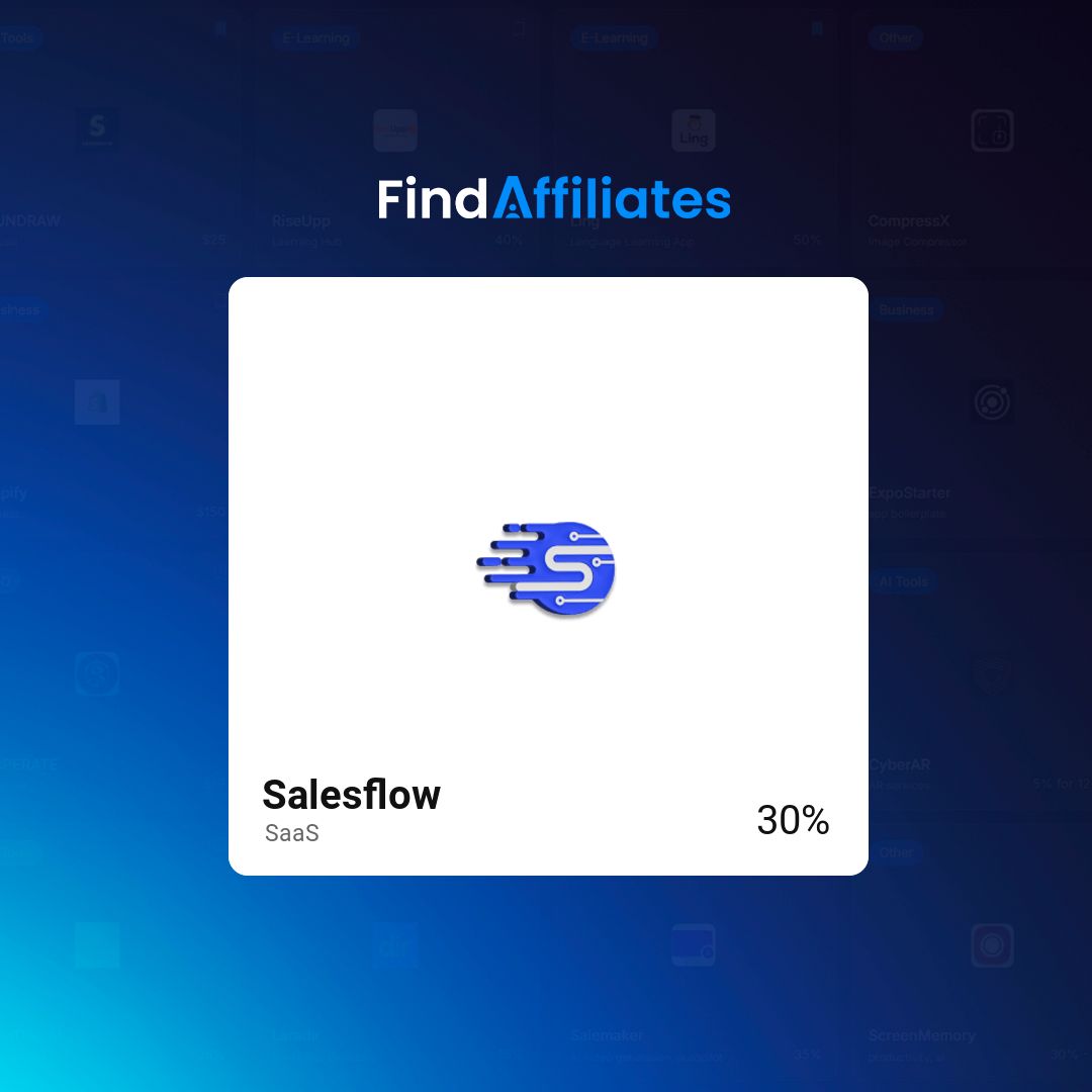 FindAffiliates's tweet photo. Salesflow's affiliate program is now available inside our directory.

• Category: SaaS
• Commission: 30%

Find verified affiliate programs faster and start promoting today.

👉 https://t.co/XgSAyxVKg5 https://t.co/NA8sBej4MH