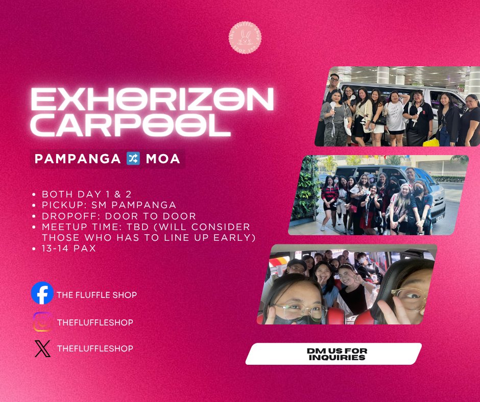 TheFluffleShop's tweet photo. 💫exo planet6: exhorizon carpool💫
(day 1 &amp; 2)

📍pampanga🔀moa arena
🚙pickup @ smp
🚗dropoff @ own house/nearest landmark
👥13-14 pax 

pls fill out this form if interested 👇🏻
https://t.co/jpesQivfAN

🏷️ep6 exhorizon exo moa pampanga carpool https://t.co/9aORlqGyZX