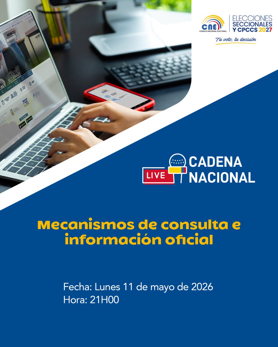 CNEGalapagos's tweet photo. Evita la desinformación usando nuestros canales oficiales. 📱💻

Sintoniza HOY la Cadena Nacional del @cne_ec y conoce los mecanismos de consulta para los próximos comicios. 🗳️

🕘 21h00

#CNEInforma #InformaciónElectoral #Elecciones2027Ec #ElecciónCPCCS2027 https://t.co/rC7j53sB6Y