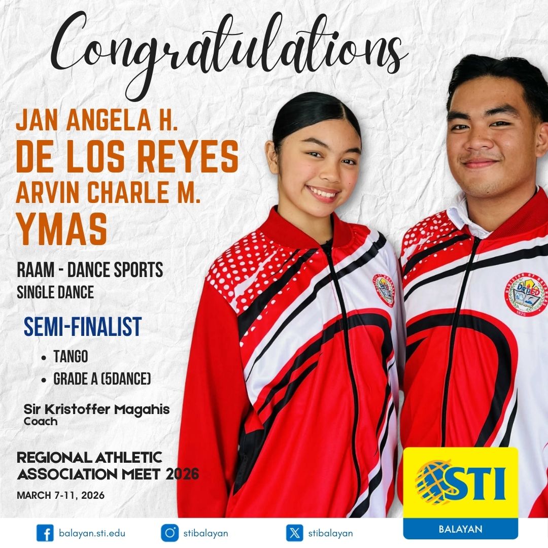STIBalayan's tweet photo. 💃🕺 STI Balayan proudly celebrates Jan Angela H. De Los Reyes and Arvin Charle M. Ymas for reaching the Semi-Finals in Dance Sports during the Regional Athletic Association Meet (RAAM) 2026 held on March 7–11, 2026.

#BeMore #BeSTI 💙💛 https://t.co/DuiI7Eni1t
