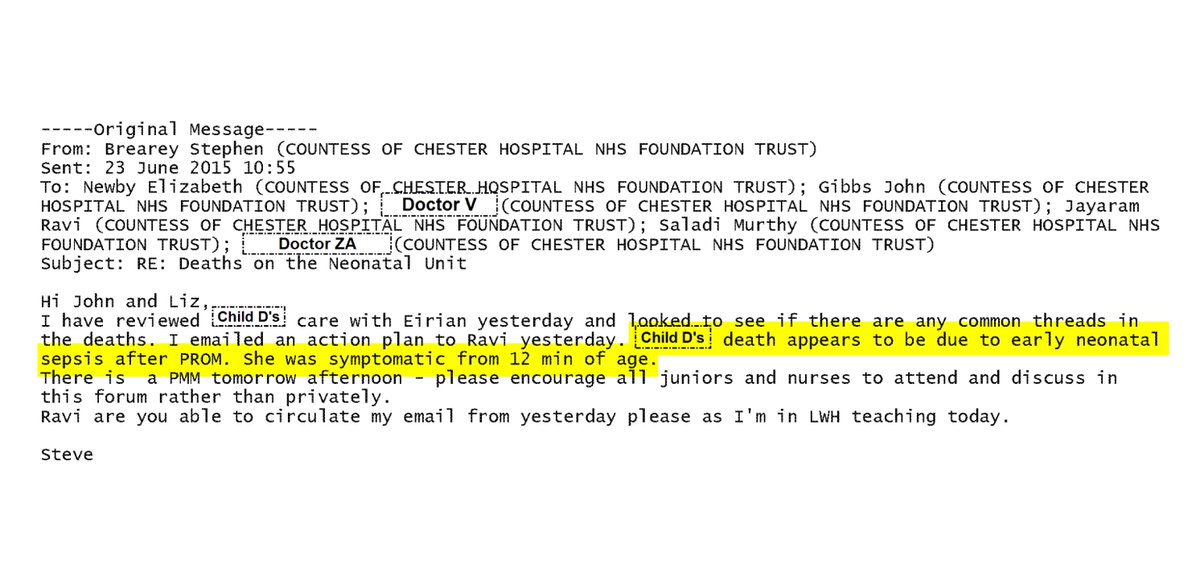 LucyLetbyTrials's tweet photo. At Lucy Letby's trial, the prosecution repeatedly called her a liar and a gaslighter – on one occasion, for speculating that a baby had died of sepsis.

You know who agreed with Letby? Dr Stephen Brearey, one of her accusers. You know who didn't get to hear about this?

The jury.

In June 2015, over the span of two weeks, three babies died on the neonatal unit where Letby worked.

It was a great shock to everyone, with nurses and doctors alike exchanging thoughts on how this could have happened.

In text messages shown in court, Letby and a fellow nurse discussed the babies' possible causes of death.

Baby D, Letby speculated, had died of sepsis.

This, according to the prosecutor, was a prime example of Letby "gaslighting" her colleagues.

"Well, we know [Baby D] wasn't septic," prosecutor Nick Johnson said.

This was nonsense. Johnson did not "know" that Baby D "wasn't septic." The baby's own post-mortem, which found that she'd died of "pneumonia with acute lung injury" (the doctors had no idea she had pneumonia!) took pains to explain why sepsis couldn't be ruled out.

And Letby's opinion – that Baby D died of sepsis – was shared by none other than the head of the neonatal unit, Dr Stephen Brearey.

Dr Brearey was the man ultimately responsible for the medical care of these babies.

Dr Brearey was the man who first accused Letby of murder. (His suspicions, he would later tell reporters, began when he noticed that Letby was on duty for all three babies' deaths – never mind that he turned out to be wrong about her being the only nurse on duty for all three deaths.)

Dr Brearey was the man found guilty – alongside his colleague, Dr Ravi Jayaram – of bullying and harassing Letby. (The jury likewise never got to hear about this.)

And Dr Brearey was the man who, on the day Baby D died, emailed Dr Jayaram to say, "it appears that neonatal GBS sepsis following prolonged rupture of membranes is the most likely cause for death" for Baby D.

"She was symptomatic from 12 min of age," he wrote, in a follow up email to the rest of the medical team, referring to how Baby D had gone pale and floppy in her father's arms.

Did prosecutor Nick Johnson call Dr Brearey a gaslighter?

Of course not.

The jury never saw these emails.

They only emerged a year after the trial, as part of the public inquiry into the Letby case.

By then, Letby had already been convicted of murdering Baby D.