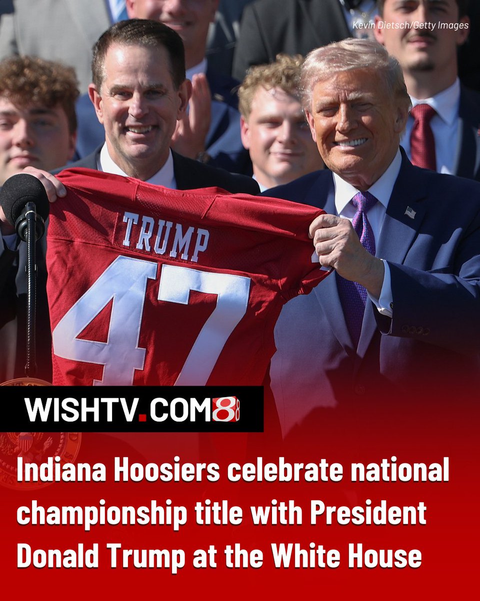 WISHNews8's tweet photo. President Donald Trump welcomed the Indiana Hoosiers to the White House Monday to celebrate their undefeated national championship season. 

MORE: https://t.co/lLuKgE72uh https://t.co/h3w9kBt7TO