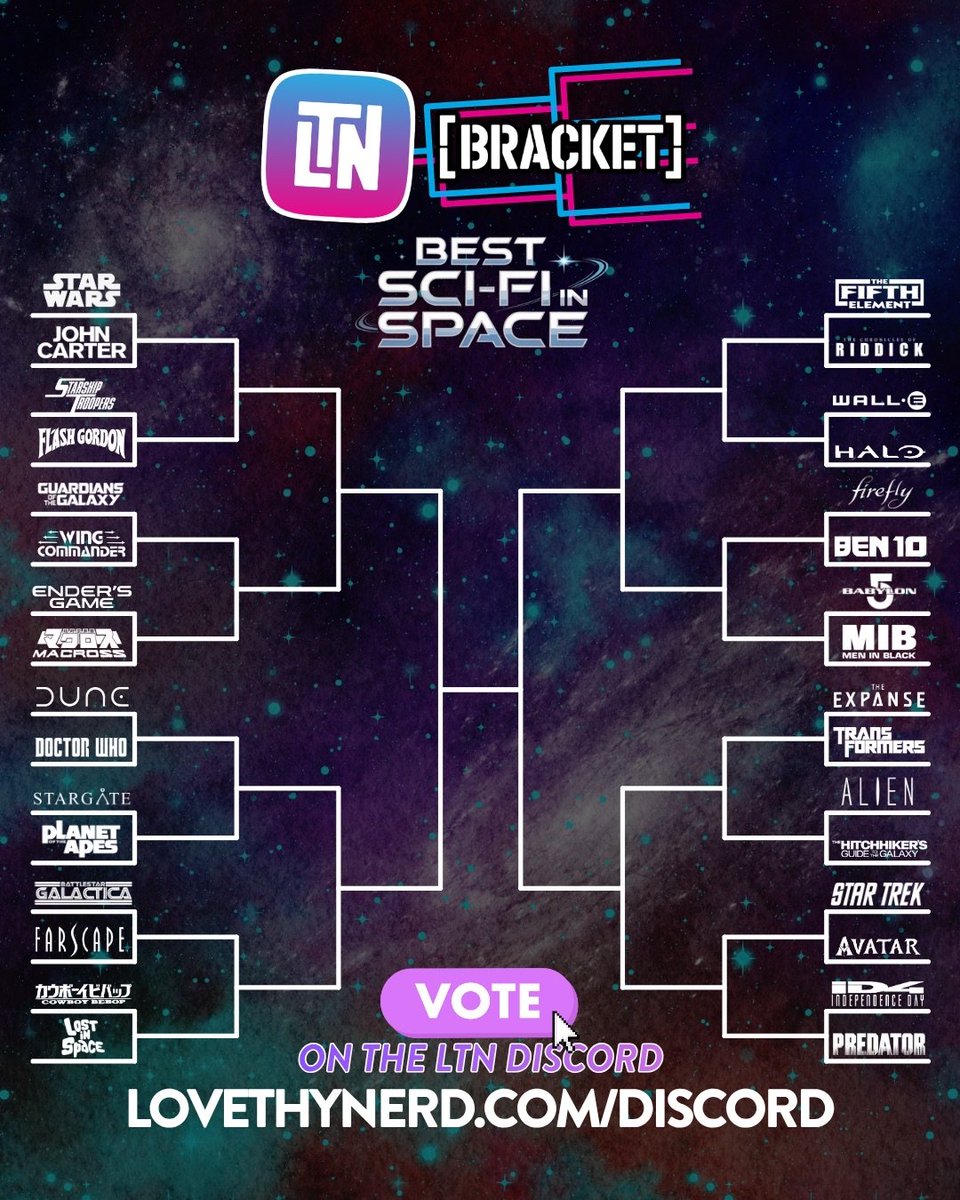 lovethynerd's tweet photo. We're deciding what the best space-focused Sci-Fi TV/Film franchise is over at the LTN Discord, and the results will be final! Go vote in the first round match-ups right now!

Not a member of the LTN Discord? Well, that's an easy fix: https://t.co/ypNgQDL36y https://t.co/l1SYFGpUSo