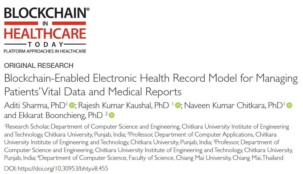 BHTYJournal's tweet photo. >>>NEW Research
Blockchain-Enabled Electronic Health Record Model for Managing Patients Vital Data and Medical Reports | Blockchain in… https://t.co/DrReQ1zJH5 

#Blockchain, #electronichealthrecord, #HyperledgerFabric, #hyperledgerCaliper, #performanceevaluation, #remotepatientmonitoring @CMULibrary