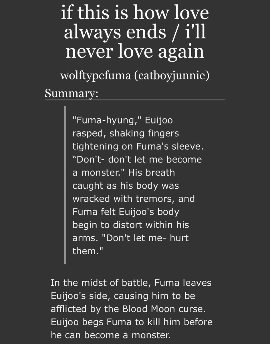 wolftypefuma's tweet photo. if this is how love always ends / i’ll never love again

» 🎮🍊
» 1.3k words, rated T
» MCD, angst, hurt no comfort, werewolf au, references to witch of yerasah lore
» https://t.co/kFjP1V8IPw https://t.co/p4llAFvMZT