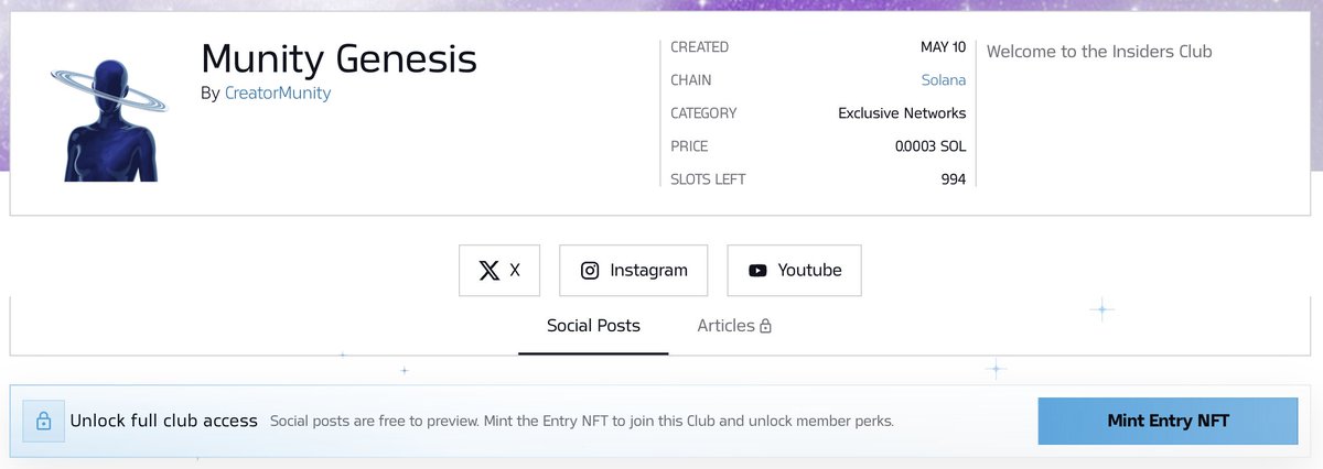 MunityClubs's tweet photo. Unveiling the Munity Genesis Collection.

The first token-gated community inside Munity.

Genesis holders get early access to the ecosystem, roadmap, eventual platform perks, and a front-row seat as we build the future of user-owned communities.

This is where Munity begins. https://t.co/xzGWMcmbjy