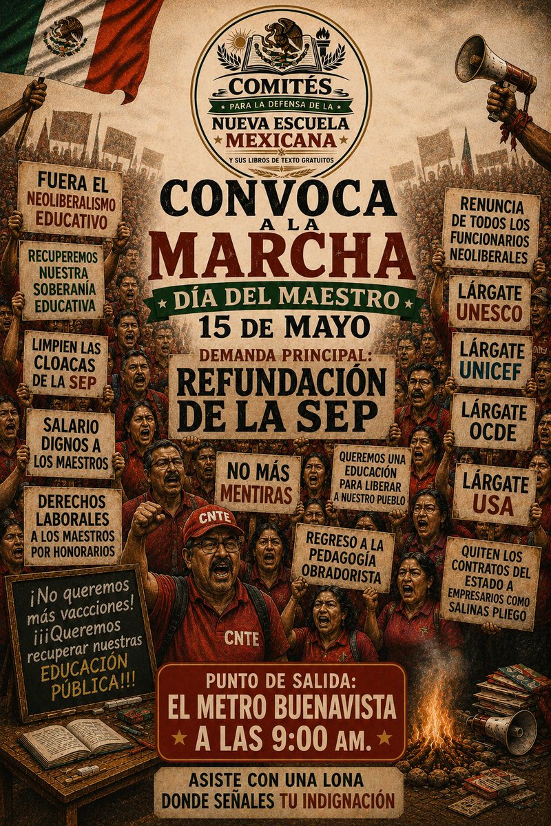 ¡No mentir, no robar, no traicionar! 

Después de ver pisoteada la imagen del magisterio ("siendo sinceros"), de observar como pervierten a la #NEM y sus Libros de Texto... Los #CODENEM convocan a marchar este 15 de mayo.

¡O luchamos juntos, o nos derrotarán por separado!