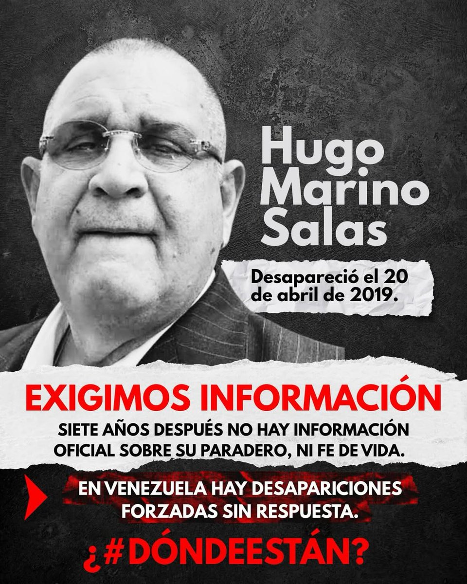⚠️ DESAPARICIÓN FORZADA | VENEZUELA❗️ Hugo Marino Salas desapareció el 20/04/2019 y hasta hoy su familia sigue sin respuestas. En Venezuela, la desaparición forzada se usa como método de terror. El silencio también es complicidad. Exigimos justicia. ¿Dónde está Hugo Marino Salas?