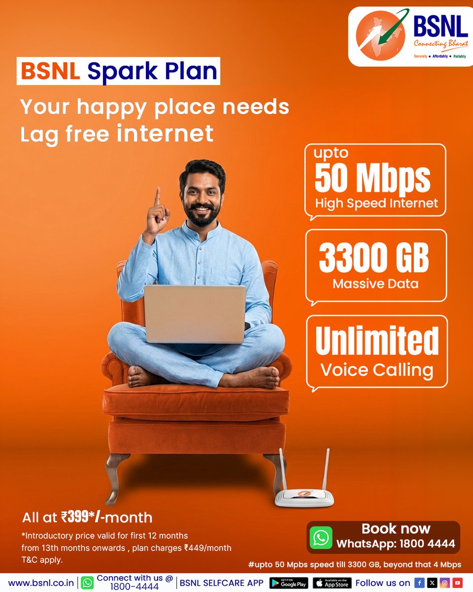 BSNLCorporate's tweet photo. Lag-free internet = stress-free life.

Switch to BSNL Spark Plan and enjoy high-speed connectivity with up to 50 Mbps speed, massive 3300 GB data & unlimited voice calling all at just ₹399/month.

#BSNLIndia #bsnlsparkplan #HighSpeedInternet #UnlimitedData #services #DigitalBharat @CMDBSNL @robertravi21