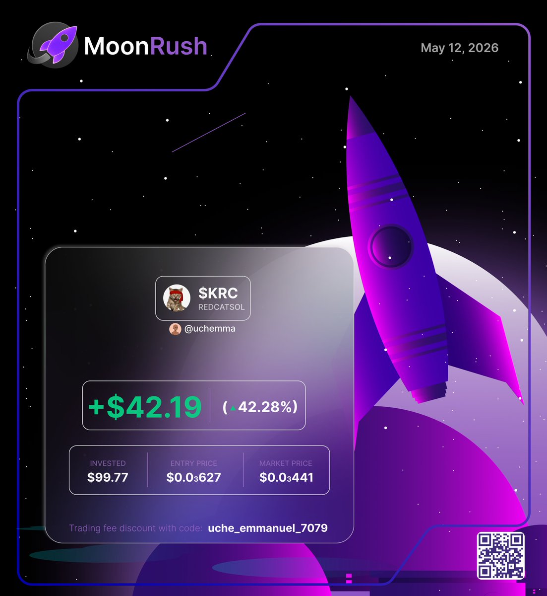 uchemma001's tweet photo. PnL design for @moonrush_space
Space Aesthetic with vibrant deep purple and neon pink color palette, which creates a high-contrast, "cyberpunk" feel
The inclusion of the stylized rocket and the crescent planet in the background reinforces the brand name, MoonRush
#MoonRushPnL https://t.co/ZDrEXYurPP