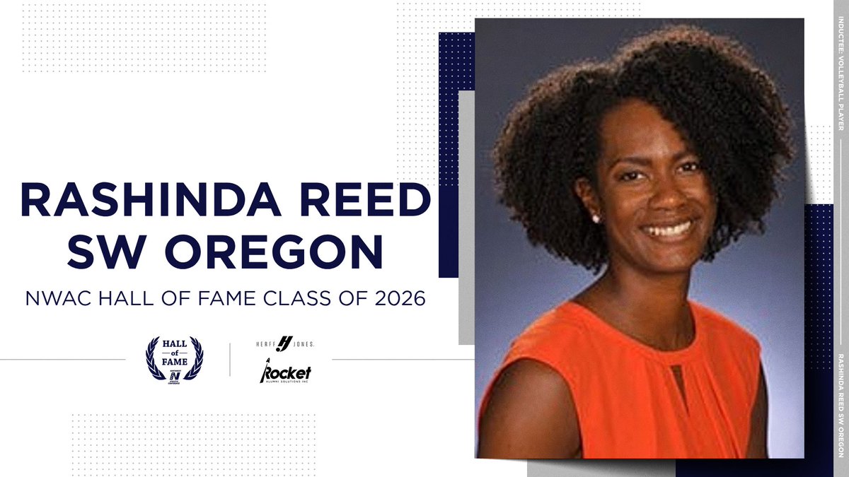 NWACSports's tweet photo. NWAC Hall of Fame Class of 2026: Rashinda Reed of Southwestern Oregon Community College Volleyball Player #nwachof 🏐

🎫 https://t.co/ijShUAipsC 

📅 Ceremony on 6/4 at 5:30pm

📍 Portland

@Herff.Jones | @rocketalumnisolutions https://t.co/cyBqdvhjoc