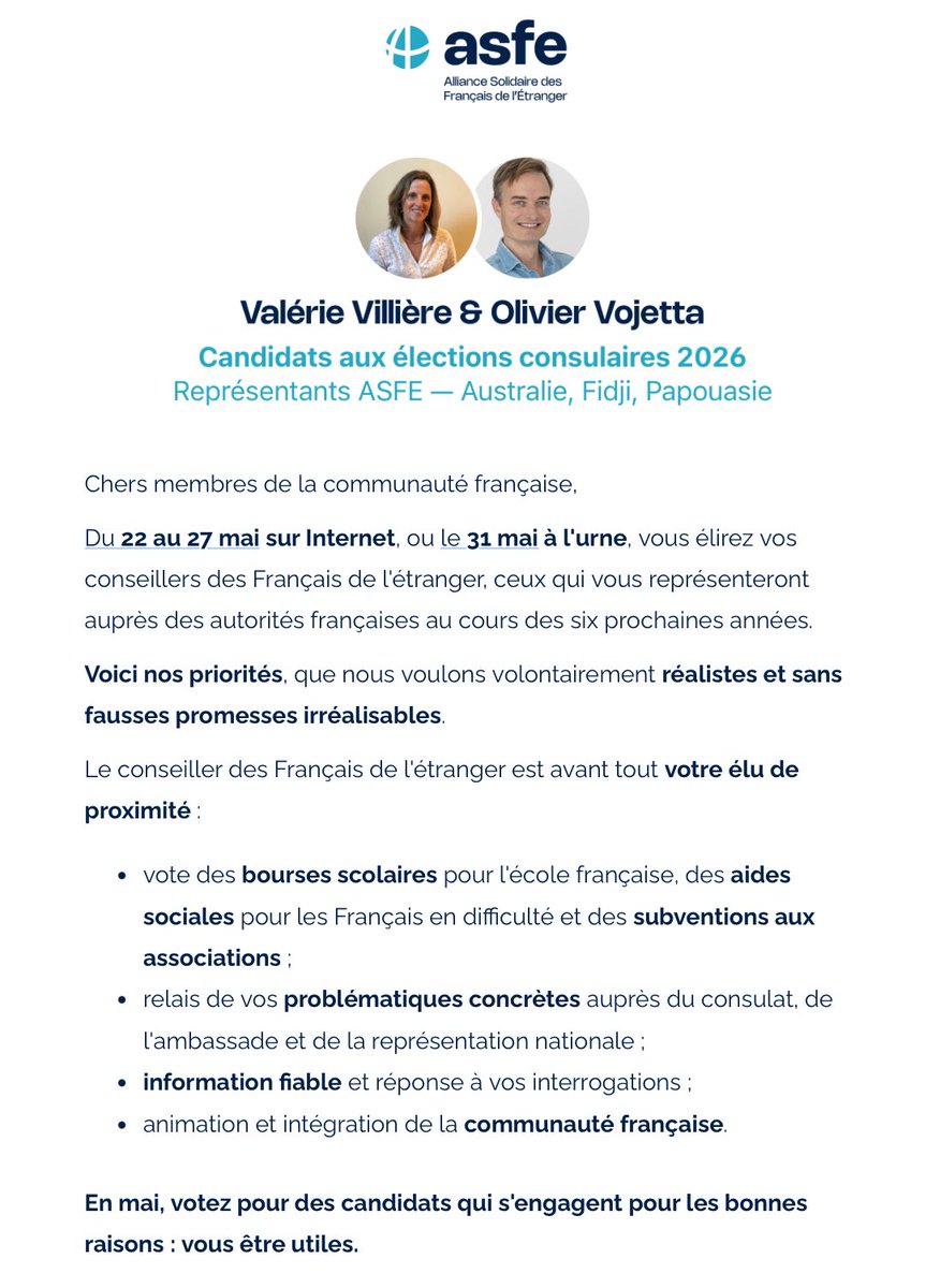 ovojetta's tweet photo. Fier de mener cette liste avec Valérie Villiere dans notre circonscription d’Australie, Fidji, Papouasie. Ensemble nous voulons professionnaliser la fonction de conseiller des Français de l’étranger pour apporter plus d’ampleur et de dynamisme à nos compatriotes. @ASFE_Paris https://t.co/BHxFPmvfjd