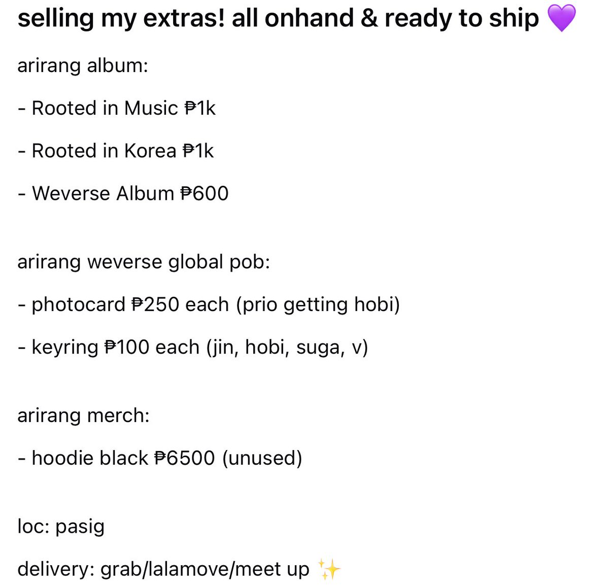 0719tkk's tweet photo. wts lfb arirang | ONHAND &amp; READY TO SHIP ✨

# bts album photocard pob keyring hoodie

loc: Pasig https://t.co/yN5pLVtHUe