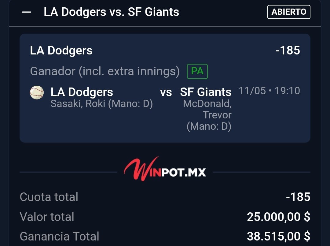 ChapitoApuestas's tweet photo. 🚨| Les comparto esta Apuesta para cerrar el día Chingones.

#MLB
- Dodgers ML
#Dodgers 

Si me sigues, deja ❤️ de la buena vibraaaa Caraaaajooo 👊 !!! https://t.co/l5SSljpk7i