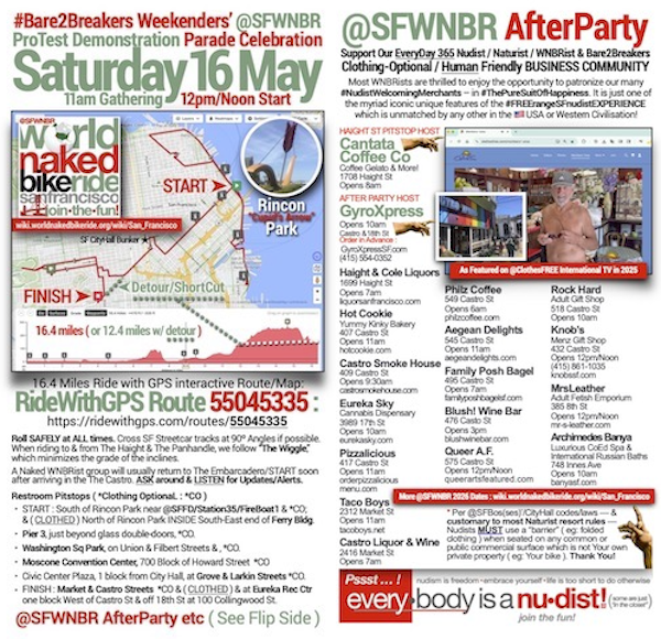 sfwnbr's tweet photo. Download Saturday’s #Bare2Breakers Weekenders’ RideWithGPS Route/Map* ( w/ shortcut Detour ) & AfterParty intel on EveryDay/365 #NudistWelcomingMerchants everybody can enjoy all weekend & beyond in #ThePureSuitOfHappiness! : https://t.co/I54ZToq9fI
*https://t.co/LT3hMfnYBo https://t.co/sERKlAV9cC