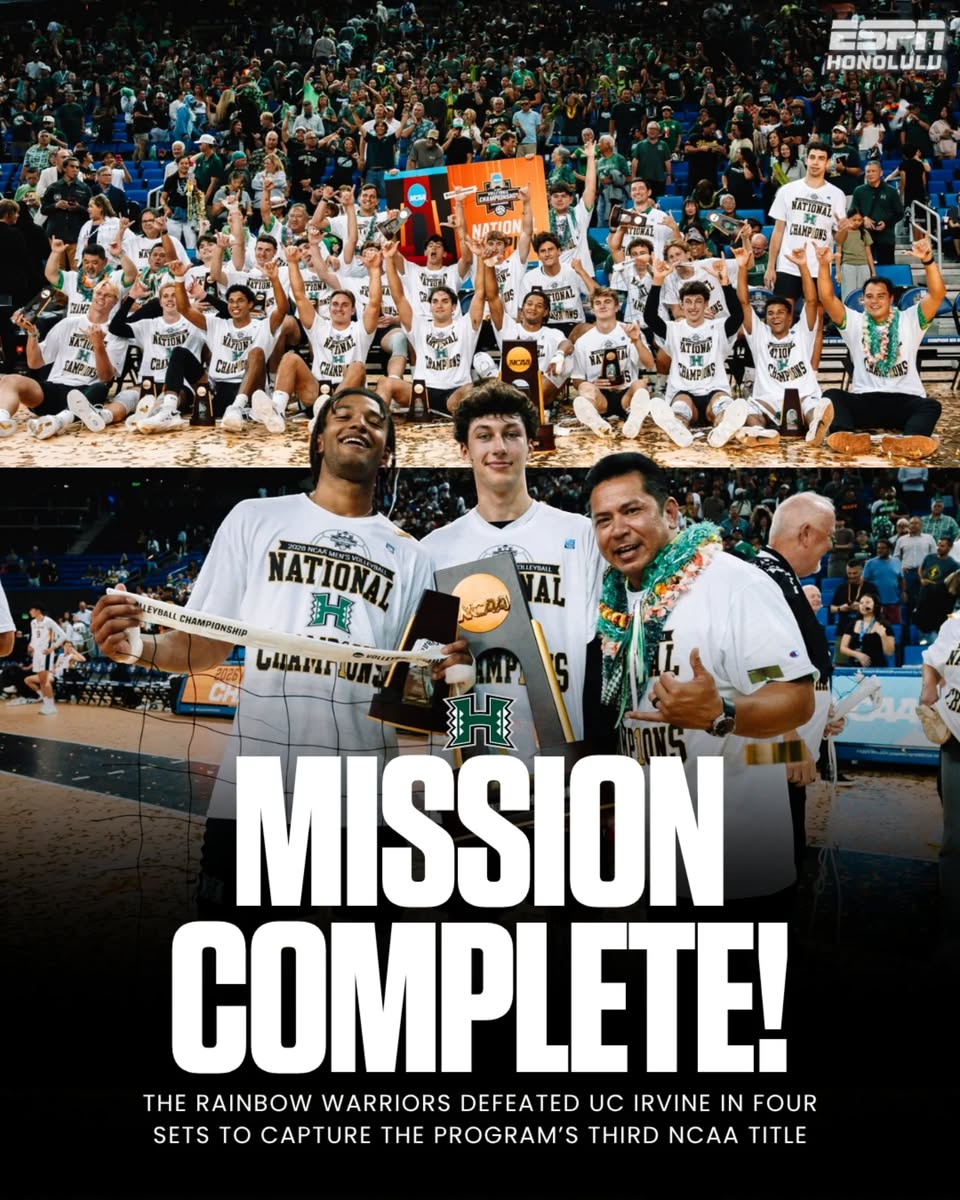 ESPNHonolulu's tweet photo. 'BOWS FINISH THE MISSION 🏆🌈🏐 

NATIONAL CHAMPS AGAIN. Hawaiʻi defeated UC Irvine in four sets to capture the program’s third NCAA men’s volleyball national championship and bring the crown back to the islands. 🤙🏽 https://t.co/S5E0apUxzh