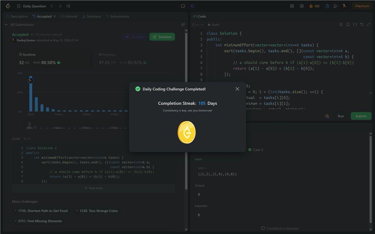 PankajB42550's tweet photo. 🚀 Solved: Minimum Initial Energy to Finish Tasks (@LeetCode Daily)

Sort by `(minimum - actual)` ascending. Sweep: `ans = max(ans + actual, minimum)`.

⌛O(n log n) | O(1)
🔥 #Day105/100

#LeetCode #DSA #Greedy #Sorting #HardProblem #ProblemSolving #CPlusPlus #105Days https://t.co/WWkDhlqGZs