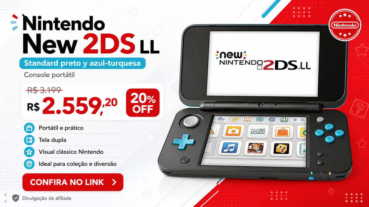 MapaDaPromoo's tweet photo. 🎮 Nintendo New 2DS LL - preto e azul-turquesa
💸 De R$3.199 por R$2.559,20
🔥 20% OFF
🔗 Confira no link: https://t.co/nzvKUwAhp3
#Nintendo #Nintendo2DS #New2DSLL #Games #ConsolePortatil #Achadinhos #Promoção #Gamer https://t.co/yLlMhrNPjo