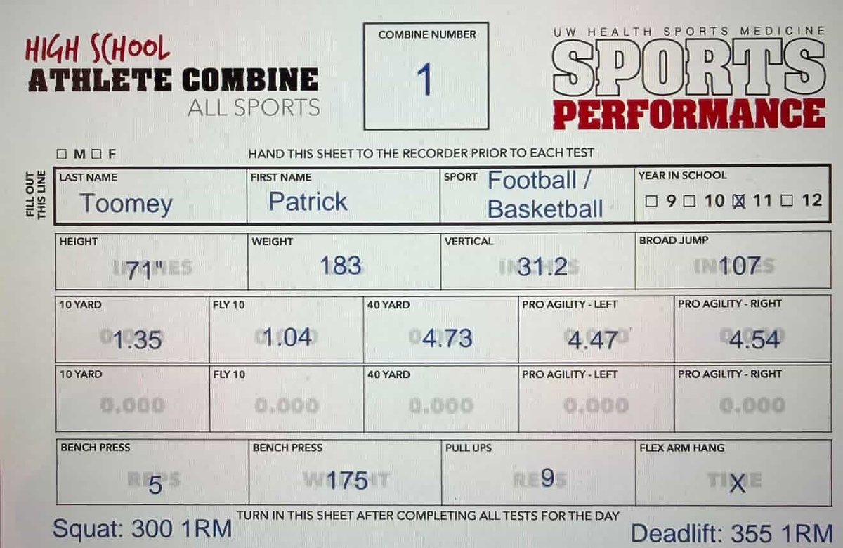 I’ve been in the weight room 4 days a week throughout spring, here are some of my numbers from my first combine in the weight room. Highlighted by a 1.35 10 yd dash, 31.2 inch vert, 1.04 flying 10, 265 for 5 on squat and 275 for 8 on deadlift. Trusting the process is key!!