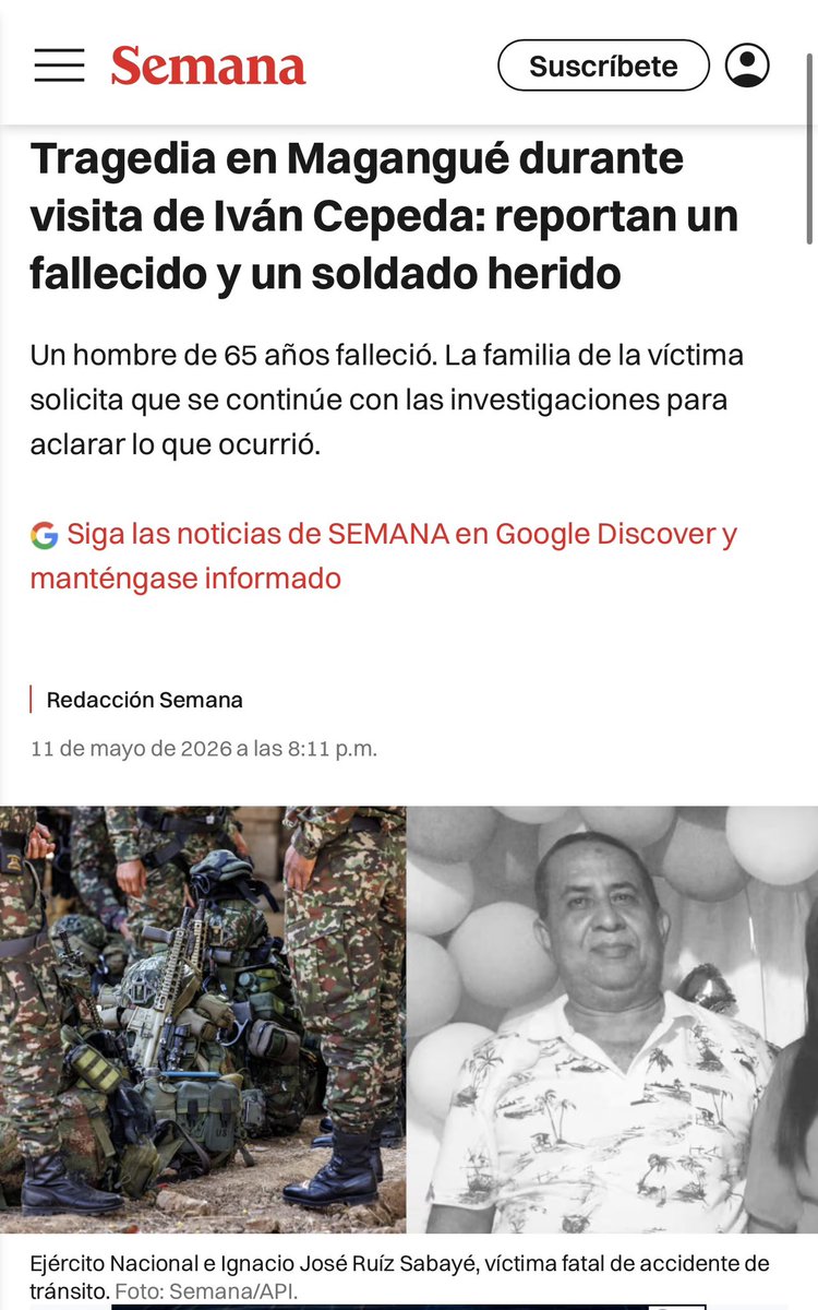 Tragedia en Magangué durante visita de Iván Cepeda: reportan un fallecido y un soldado herido. Familia denuncia que “escolta de Cepeda” atropelló al civil. 

semana.com/nacion/cartage…