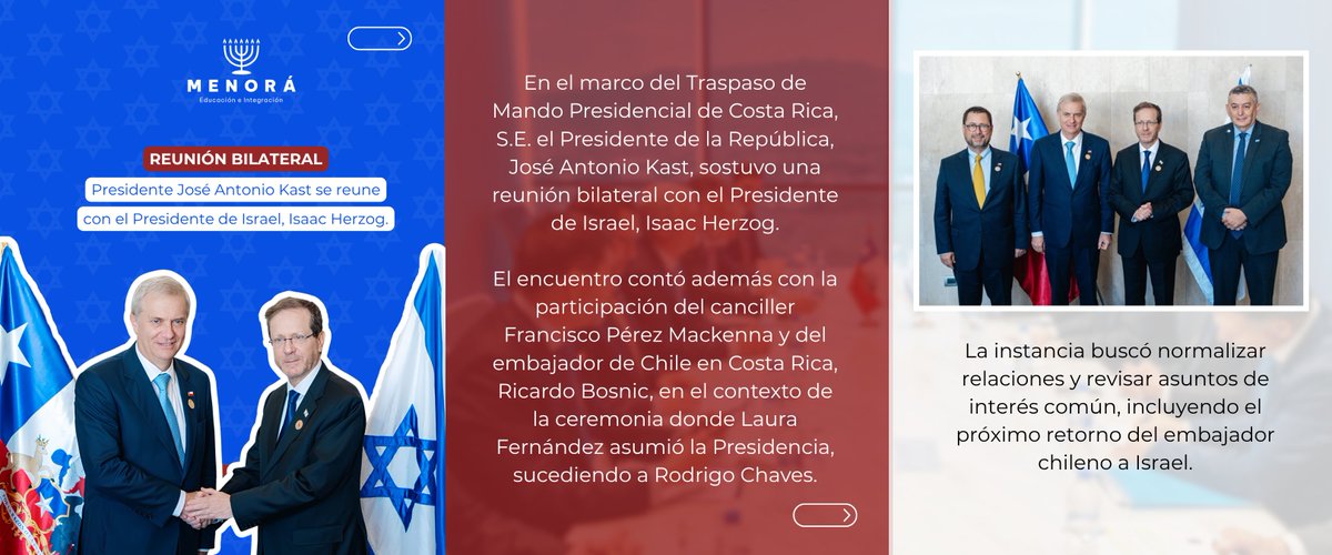 MenoraChile's tweet photo. 🇨🇱🇮🇱 En el marco del Traspaso de Mando Presidencial en Costa Rica, el Presidente José Antonio Kast sostuvo una reunión bilateral con el Presidente de Israel, Isaac Herzog.

#Chile #Israel #CostaRica #RelacionesInternacionales https://t.co/YTn0cDcSGv