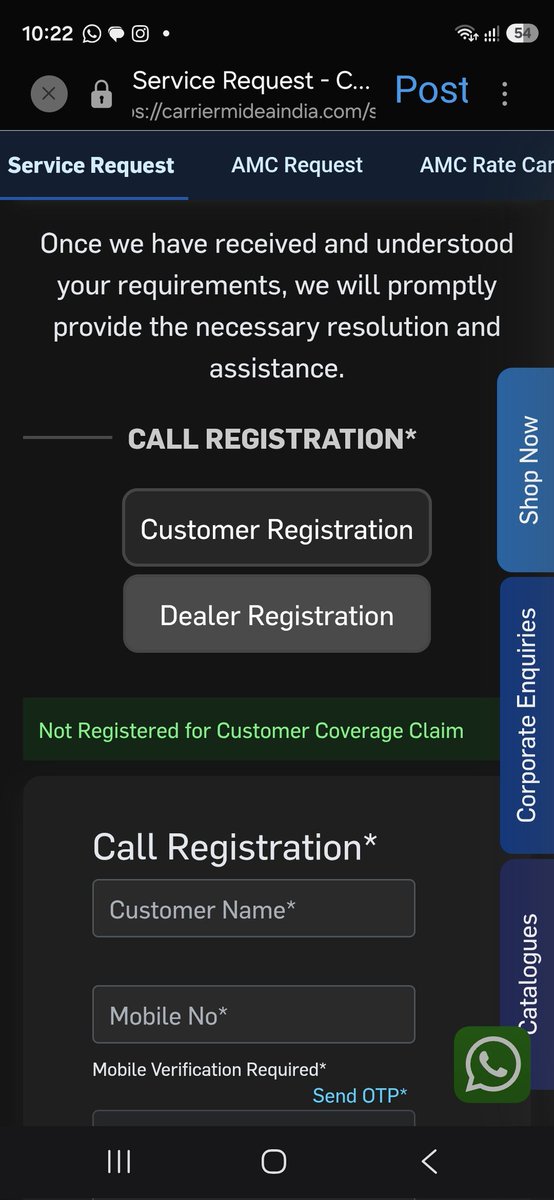 SinghSudarsh's tweet photo. @CarrierMideaInd The form i filled is mentioning 'Not registered for CustomerCoverage Claim'. 
Do we have any other way to raise my issue. I have purchased the product on 31st March itself,
It's not even a month and I'm facing the problem. https://t.co/794NclUfZD