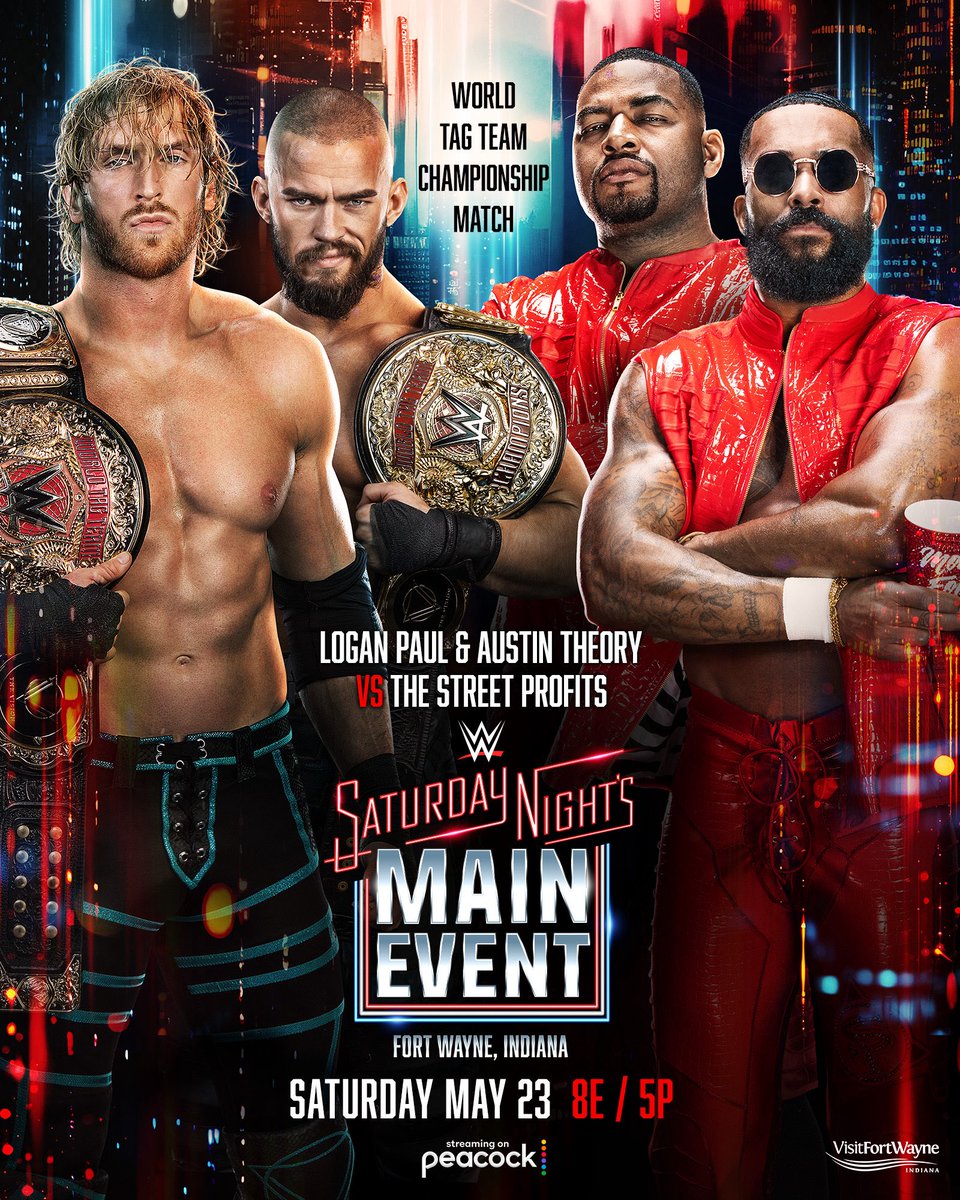 CAQOfficiel's tweet photo. 𝗢𝗳𝗳𝗶𝗰𝗶𝗲𝗹. Logan Paul et Austin Theory défendront les WWE World Tag Team Championship face à The Street Profits lors de l’édition de WWE Saturday Night’s Main Event du 23 Mai 2026. https://t.co/AXCVglLOpP