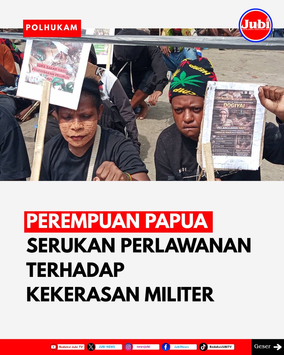 News_jubi's tweet photo. PEREMPUAN PAPUA SERUKAN PERLAWANAN TERHADAP KEKERASAN MILITER 

Aktivis Vero Hubi bersuara lantang dalam mimbar bebas di Jayapura (11/05 ). Ia tegaskan perempuan Papua tak akan lagi diam hadapi kekejaman konflik. 

Kondisi di wilayah konflik kian memprihatinkan. Banyak perempuan & anak kehilangan tempat tinggal karena rumah warga dijadikan pos aparat. Belum lagi ancaman ledakan bom saat warga mencoba menyelamatkan diri. 

"Sudah cukup perempuan Papua menangis," tegas Vero. Ia desak lembaga perlindungan perempuan & anak lakukan investigasi terbuka atas dugaan pelanggaran HAM berat yang terjadi di Tanah Papua. 

Tuntutan keadilan juga datang dari mahasiswa Dogiyai, Yustina Butu. Ia desak Kepolisian Dogiyai pertanggungjawabkan penembakan warga sipil & anak muda di Dogiyai, Yahukimo, hingga Mimika. 

Aparat keamanan (TNI/Polri) diingatkan kembali akan tugas utamanya: melindungi masyarakat sipil, bukan menjadikannya korban tindakan tidak manusiawi. Keamanan & kedamaian adalah hak setiap anak Papua. 

STOP KEKERASAN TERHADAP PEREMPUAN DAN ANAK DI TANAH PAPUA! 

Baca laporan lengkapnya di https://t.co/6Sy9vsjYNb. Dukung jurnalisme independen kami melalui donasi.

#PengungsiInternalPapua #IDPsPapua #Papua #Indonesia #WestPapua #PapuanLivesMatter #PerempuanPapua #StopKekerasan #HAM #Jubi

https://t.co/EsqCQuqsFY | FB: JubiNews | X: @News_jubi | IG: newsjubi | Tiktok: @jubinews | Youtube: @jubinews