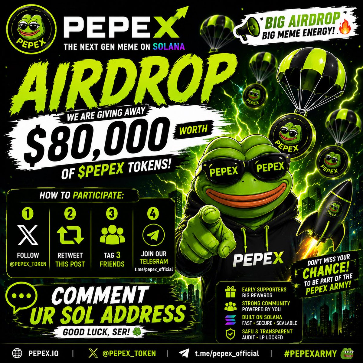 PepeX_onSol's tweet photo. 🚨 HUGE PEPEX AIRDROP IS LIVE 🚨

$80,000 worth of $PEPEX tokens will be distributed to early supporters 🔥🐸

How to participate 👇
✅ Follow @PEPEX_TOKEN
✅ Like &amp; Retweet
✅ Tag 3 Friends
✅ Join Telegram
✅ Comment Your $SOL Address

The PEPEX army is growing fast on Solana https://t.co/G7LtXedCYz