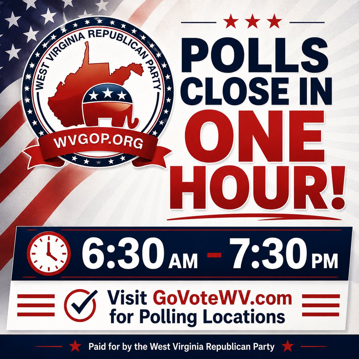 WVGOP's tweet photo. There's just one hour left until polls close. Make sure your voice is heard and get out to vote before 7:30pm. https://t.co/Cg4viQeZgW
