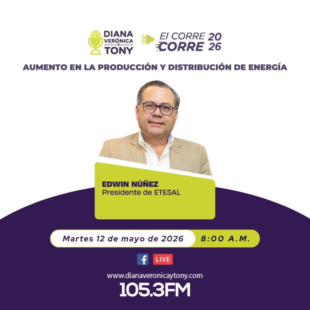 dianavytony's tweet photo. 🎙️ Mañana en #LaEntrevista

Nos acompaña Edwin Núñez (@edwinnunez ), presidente de @ETESAL_sv .

Hablaremos sobre el aumento en la producción y distribución de energía ⚡

📻 105.3 FM | 📱 Facebook Live https://t.co/NegjIBX5rn