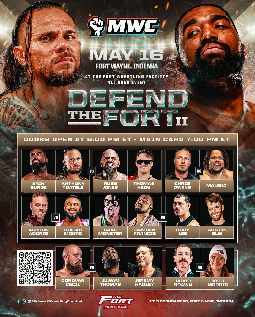 CombatMidwest's tweet photo. Rounding out the main card and your main event of the evening!

At Mayhem, Erik Surge looked to have Russell Jones put away before some "assistance" from his hype man Thomas Heim solidified the win for Big Russ. Not satisfied with their win over one of the MWC favorites, Jones and Heim continued their assault adding insult to injury. That is until Anthony Toatele came out to help Surge clear the ring.

With all of that action, we in the front office knew we had to get a definitive match on the books. Jones and Heim have proven they are in MWC to disrupt and destroy. Will Toatele and Surge be able to put a stop to these two or do we have some new talents heading to the front of the pack? 

Grab your tickets for Defend The Fort 2 happening at The Fort Wrestling Facility THIS Saturday at 7 PM! Tickets are almost sold out so grab your's today