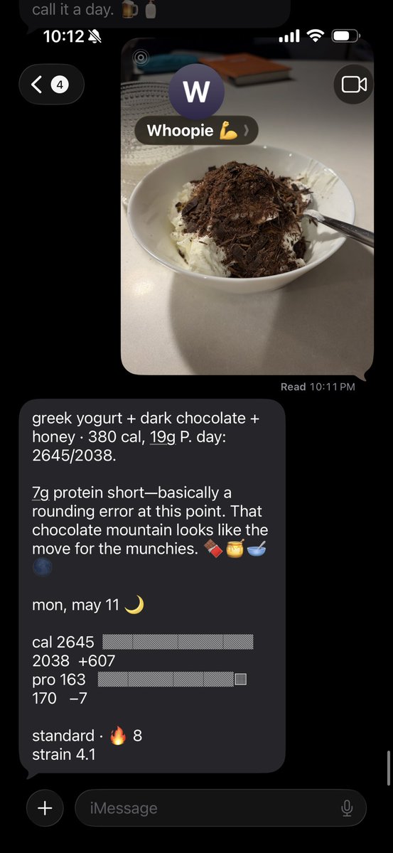 arnabing's tweet photo. Recipe by Whoopie (an AI nutritionist that lives in texts and connects to Whoop).

Greek yogurt, dark chocolate, honey https://t.co/6tFuaJPiAU