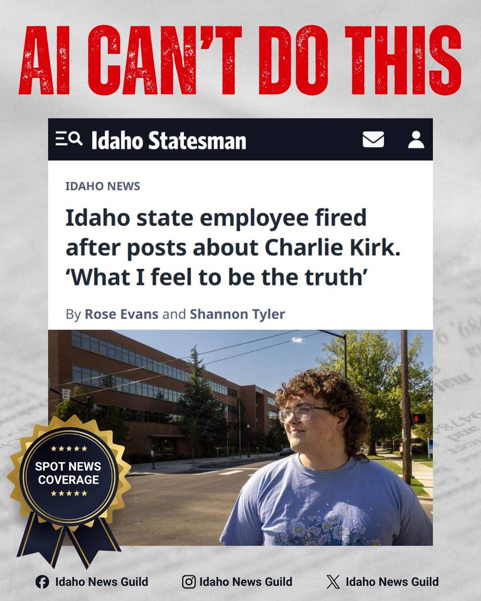 IdahoNewsGuild's tweet photo. This work isn’t possible without us. But McClatchy would rather spend millions on AI then invest in the humans who won 53 awards, including for chronicling the contentious aftermath of Charlie Kirk's killing. Donate to our strike fund for fair wages https://t.co/6oExciExTX https://t.co/DWFyWJI4ql