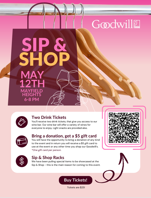 HRCCEmpowers's tweet photo. Sip &amp; Shop at Goodwill Mayfield!

Join us today for a Spring evening of thrifting, sipping, and celebrating at our Sip &amp; Shop on Tuesday, May 12th! https://t.co/nDO8m1atis