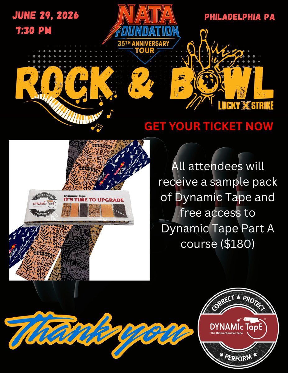 NATAFoundation's tweet photo. 🎳💙 Thank you to Dynamic Tape for helping celebrate our 35th Anniversary at Rock &amp; Bowl!

All attendees will receive:
🎁 Dynamic Tape sample pack
🎓 Access to the Dynamic Tape Part A Course
🎟️ Tickets are ALMOST SOLD OUT!
👉 https://t.co/6OiBGOs4Fh https://t.co/WE31cWY1pB