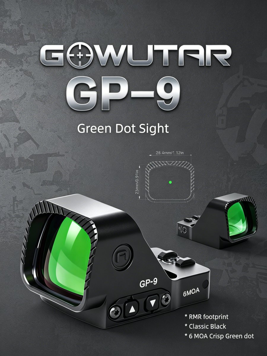 GOWUTAROPTICS's tweet photo. GP-9 Classic Black — now with Green Dot

Window size: 1.12" × 0.91"
6 MOA dot for fast target acquisition and clear visibility

Built for speed. Designed for control.

#GP9 #GreenDot #Optics #Tactical #gowutar https://t.co/K0ZYe46NWl
