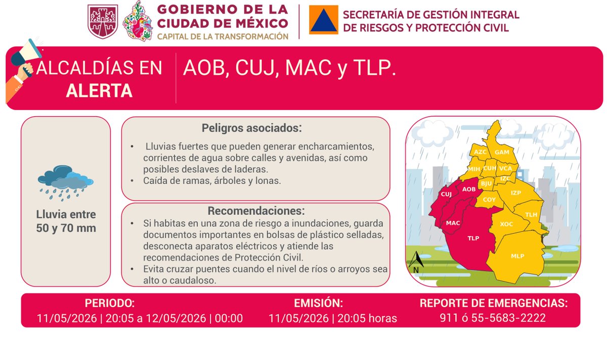 ⚠️ Se activa #AlertaRoja por persistencia de #lluvias fuertes para la noche del lunes 11/05/2026, en las demarcaciones: <a href="/AlcaldiaAO/">Alcaldía Álvaro Obregón</a>, <a href="/cuajimalpa_gob/">Alcaldía Cuajimalpa</a>, <a href="/ALaMagdalenaC/">Alcaldía La Magdalena Contreras</a>, <a href="/TlalpanAl/">Alcaldía Tlalpan</a>.

Atiende las recomendaciones y mantente informado.

#PronósticoDelTiempo #LaPrevenciónEsNuestraFuerza