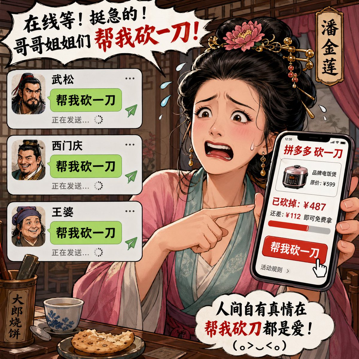 Mrpinecone888's tweet photo. GPT Image 2提示词：
潘金莲在拼多多砍一刀，群发消息给武松西门庆王婆"帮我砍一刀" https://t.co/pwOEeI7QZq
