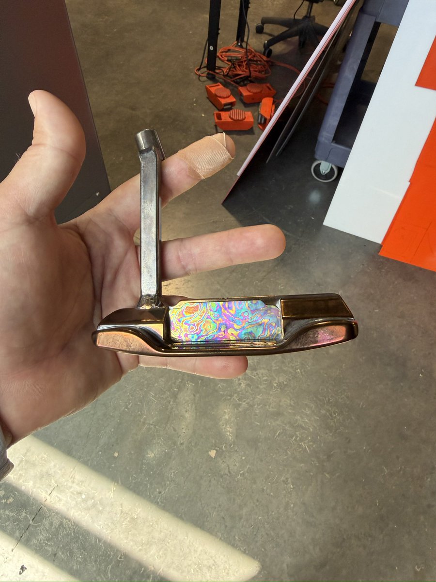 smith_jon22's tweet photo. New putter heads complete! 304 stainless with crystallized Titanium inlays. All color is purposeful oxidation with exquisitely controlled heat. No coatings are applied. Made by Us in Utah. Hand finished. 🤌 https://t.co/Vrobj6epBf